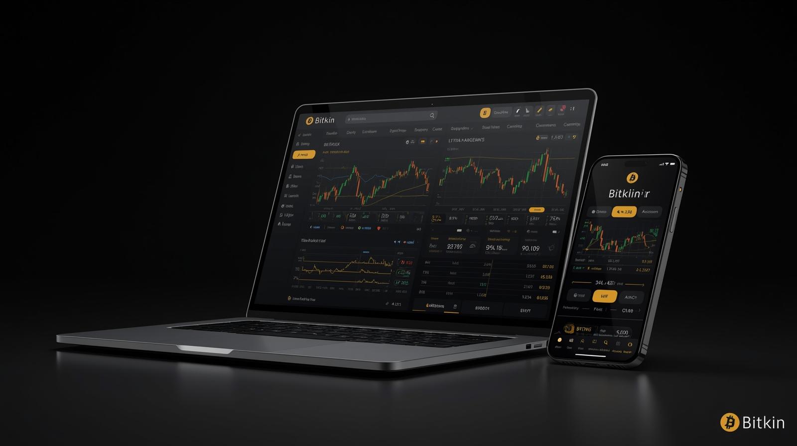 BITkin market UI mockup on laptop and phone